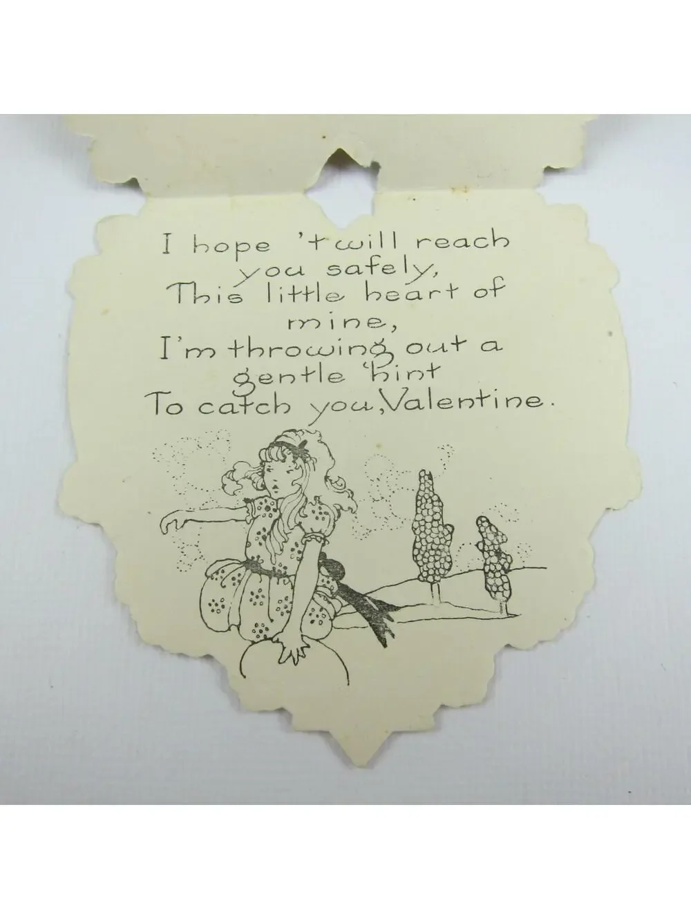 Vintage Valentine Card Die cut Girl Pink Dress & Hat Yellow Flowers Green & Gold
